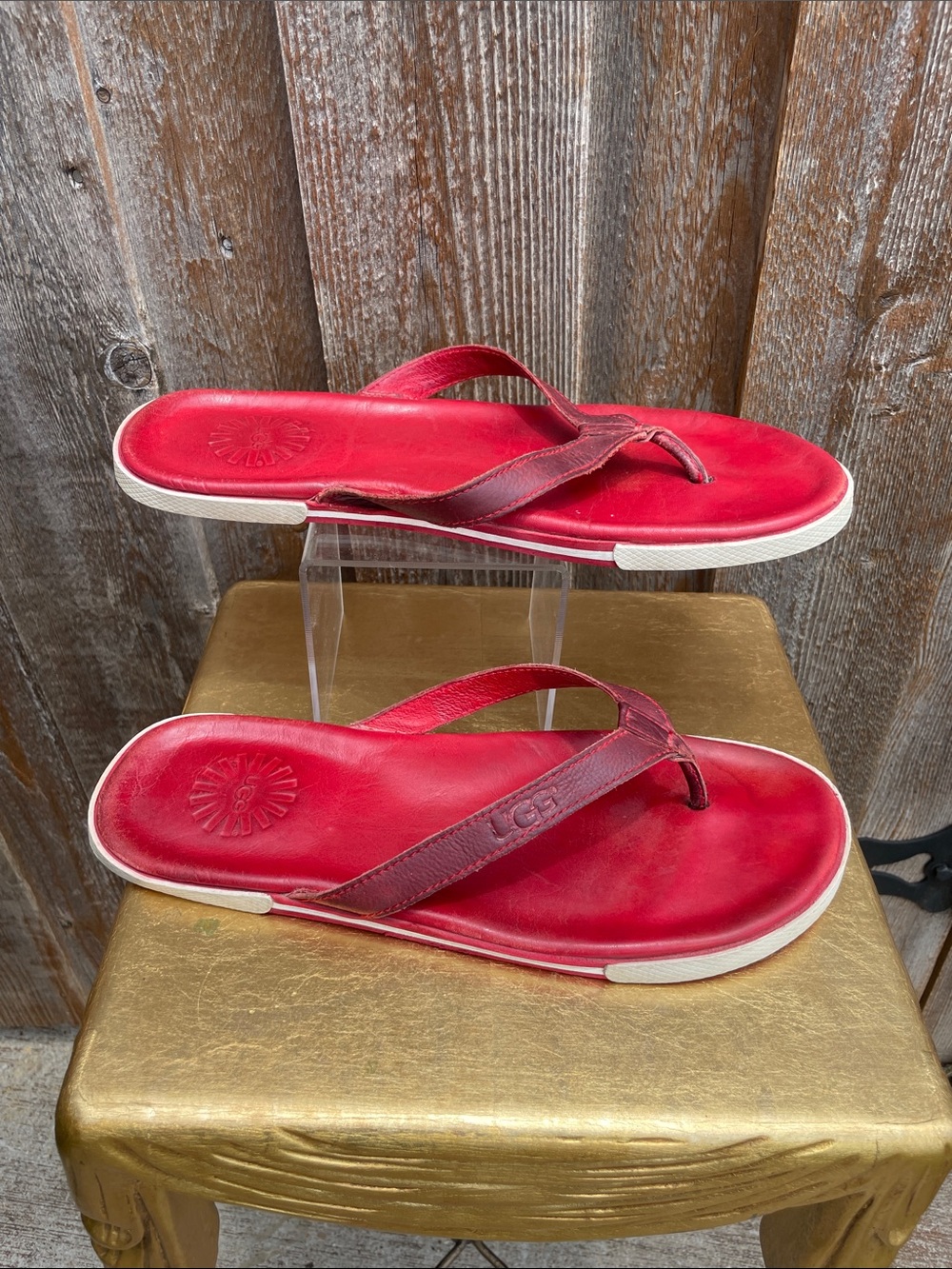 UGG Red Leather Flip-Flop Sandals with White Trim